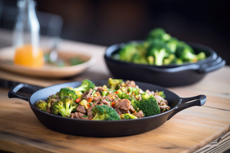 sizzling beef and broccoli skillet on a rustic tableの素材