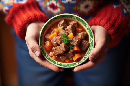 hand holding a bowl of beef stew, cozy sweater visibleの素材