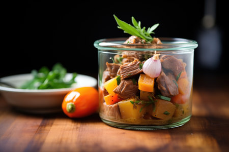 chunky beef stew in a clear glass pot, brightly litの素材