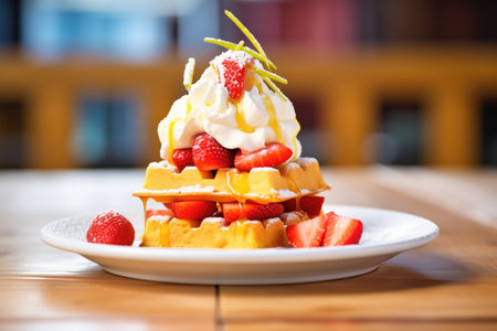 stack of belgian waffles with fresh strawberries and whipped creamの素材