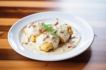 biscuits and gravy on a white dishの素材
