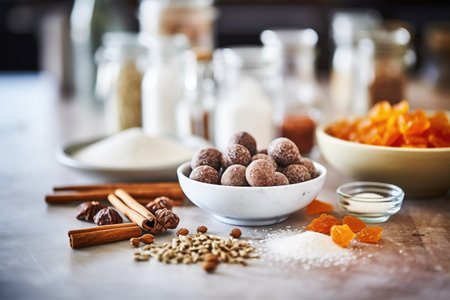 energy ball beside ingredients: dates, nuts, cacaoの素材