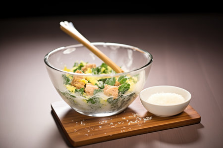 freshly-prepared caesar salad in a glass bowl with tongsの素材