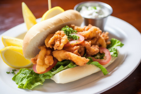 calamari sandwich with lettuce and tartar sauce on hoagie rollの素材