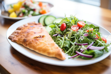 calzone with a side salad on a plateの素材