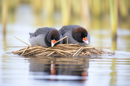 two coots building a nest with reeds on waterの素材