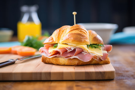 croissant sandwich with ham and cheese on wooden boardの素材