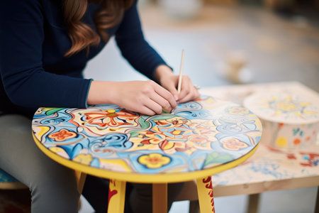 artist painting intricate patterns on a side tableの素材