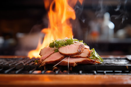 gyro meat with flames in a grill backgroundの素材
