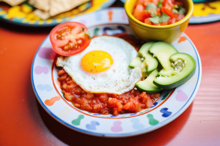 fried eggs on salsa with a side of beans and avocado slicesの素材