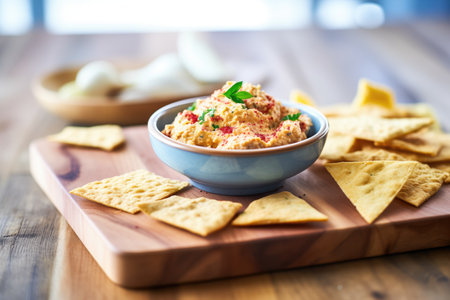 red beet hummus with pita chips on a rustic wooden boardの素材