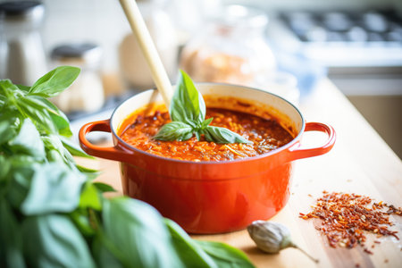 cooking tomato sauce in a pot with a wooden spoon leaf basilの素材