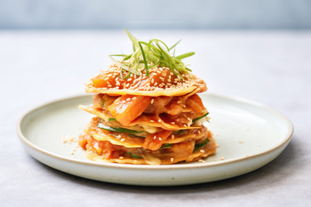 stack of kimchi pancakes topped with sesame seedsの素材