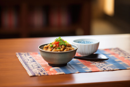 brightly lit natto dish on restaurant table with napkinの素材