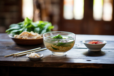 pho meal set on a wooden table with teaの素材