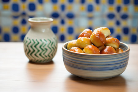 soft pretzel bites in a ceramic bowlの素材