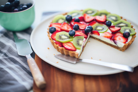 sliced kiwi topping on a berry pieの素材