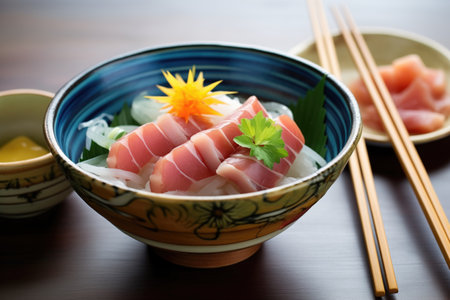sashimi slices fanned around steamed rice in a lacquered bowlの素材