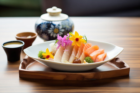 sashimi plate accompanied by a traditional japanese tea setの素材