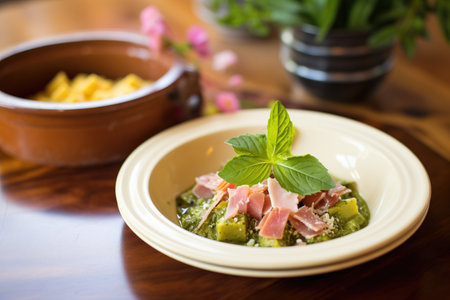 split pea soup with ham chunks in a deep dish, mint leaf garnishの素材