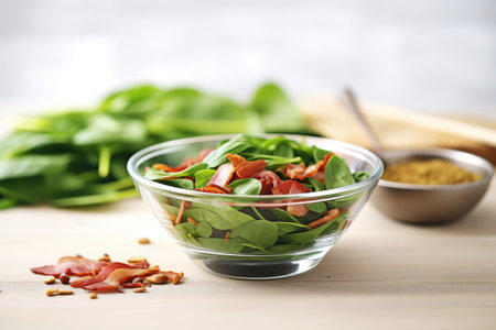 a glass bowl filled with baby spinach, bacon, and sliced almondsの素材