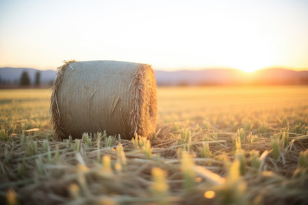 sunrise casting warm light on a hay baleの素材