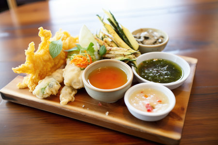 vegan tempura selection with soy-based dipping sauceの素材