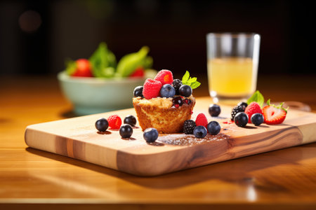 muffin with a side of fresh berries on a wooden boardの素材