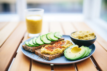 multigrain bread with sliced avocado and a dollop of hummusの素材