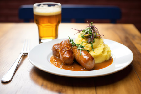 bangers and mash served beside a pint of aleの素材