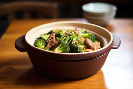 beef and broccoli in a clay pot, fresh off the stoveの素材