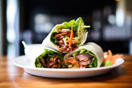 sliced beef teriyaki wrap with lettuce and carrotsの素材