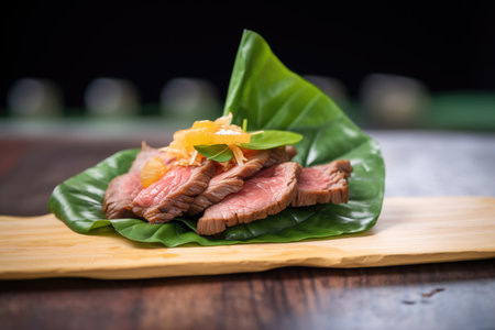 beef teriyaki served on green leaf with a lemon wedgeの素材