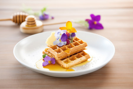 waffles with edible flowers and honeycomb, elegant platingの素材