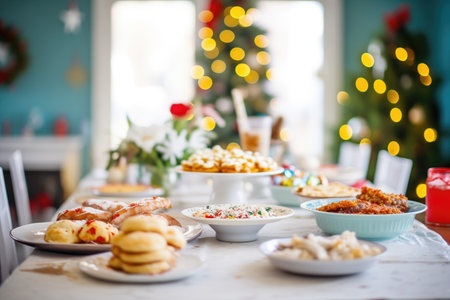 a festive brunch table with biscuits and gravy among other dishesの素材