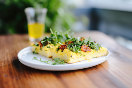 focaccia with scrambled eggs, arugula, and sun-dried tomatoの素材