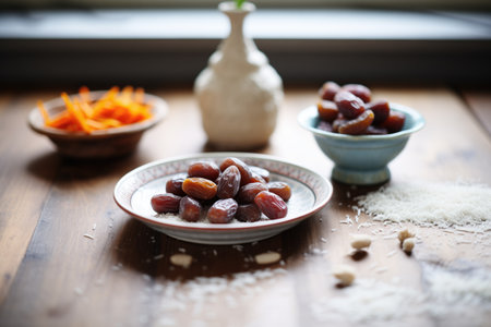 fresh medjool dates next to cacao ballsの素材
