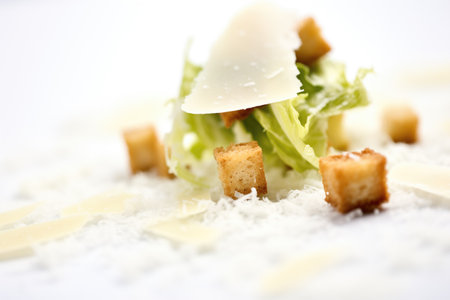 macro shot of a crouton and parmesan on caesar saladの素材