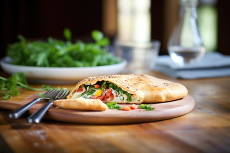 calzone on a rustic wooden tableの素材