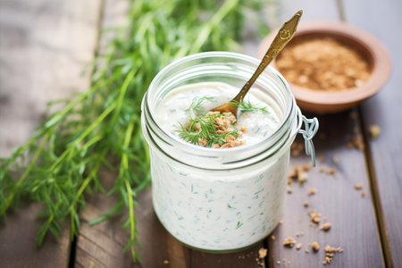creamy cashew ranch in glass jar, herbs scattered, wooden spoonの素材
