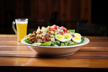brightly lit cobb salad on a dark wooden tableの素材