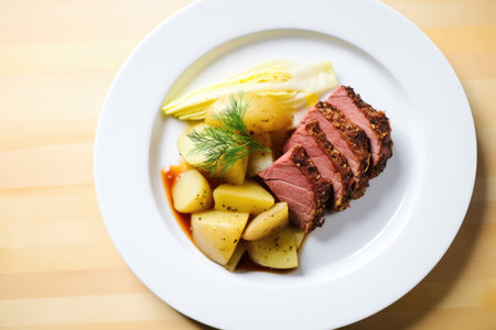 corned beef and cabbage with mustard and pickles on sideの素材