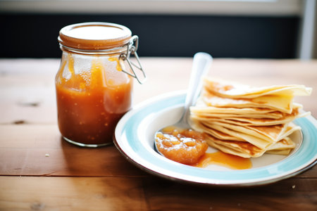 crepes and a jar of homemade salted caramel sauceの素材