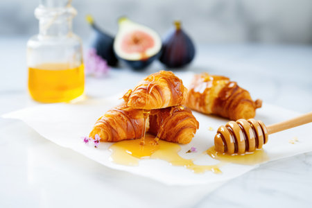 croissants with sliced figs and honey on marble surfaceの素材
