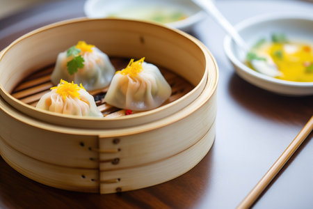 close-up of dim sum dumpling with visible fillingの素材