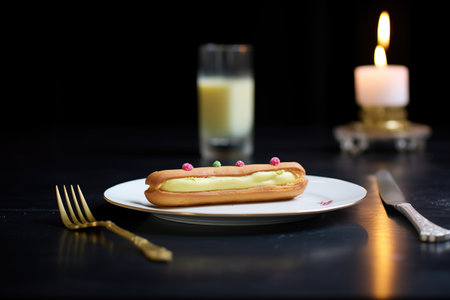 a single eclair with a candle on it, like a birthday treatの素材