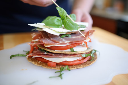 layers of eggplant parmesan being assembled with marinara sauceの素材