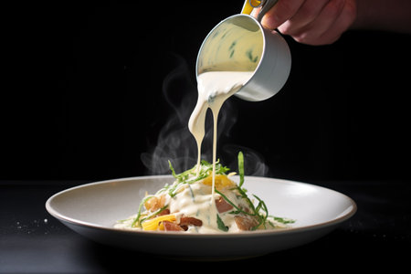 overhead shot of creamy alfredo sauce being poured on pastaの素材