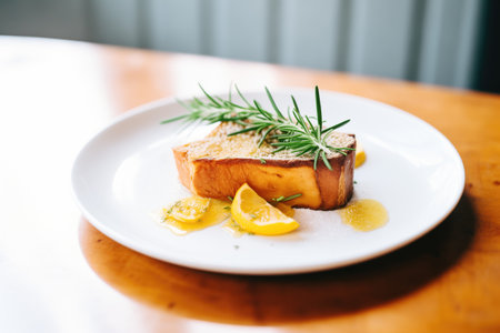 individual french toast portion with a sprig of rosemaryの素材