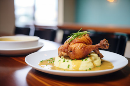 fried chicken with mashed potatoes and gravy on the sideの素材